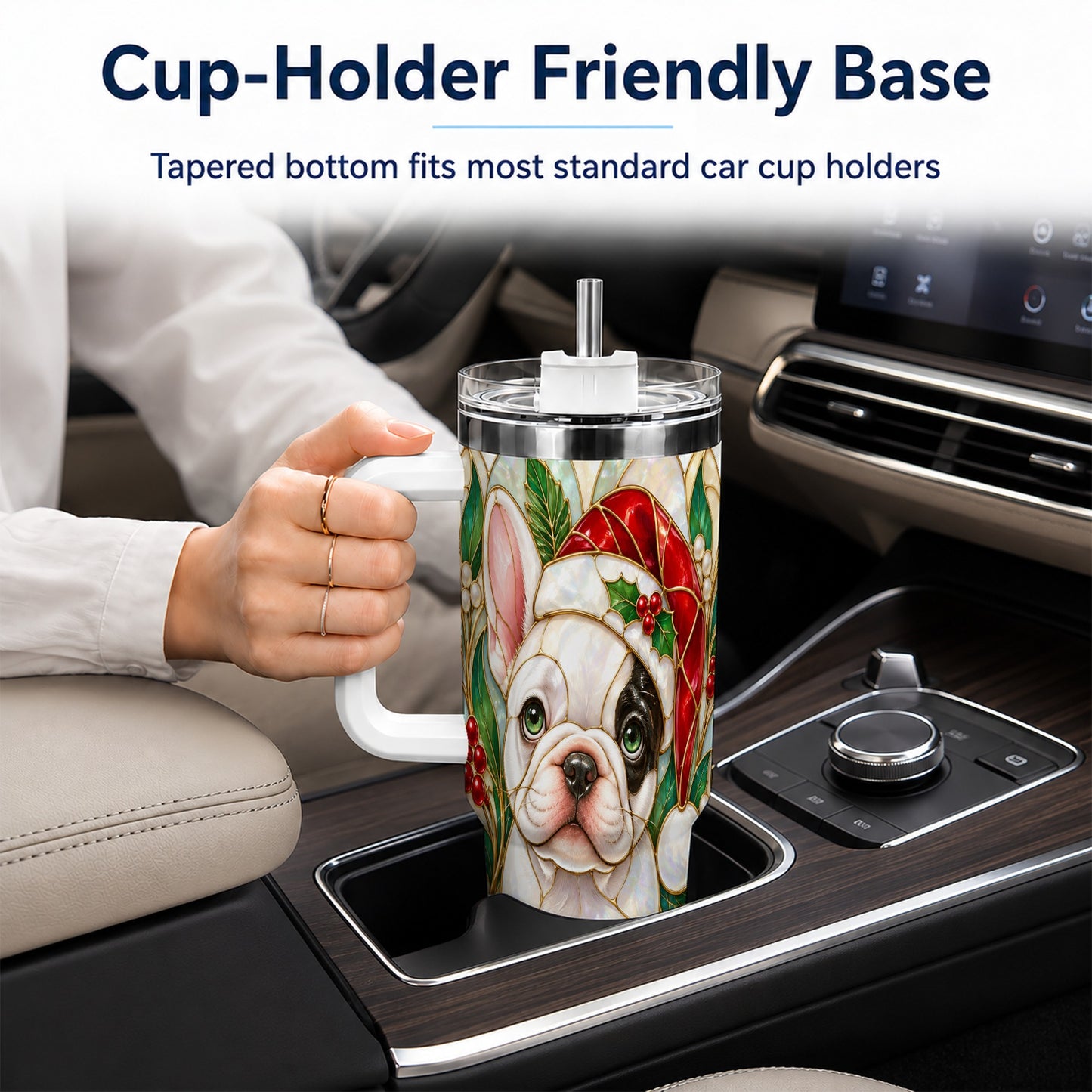 #pl[40oz|White] Christmas French Bulldog 40oz Tumbler with Handle, Holiday Travel Cup