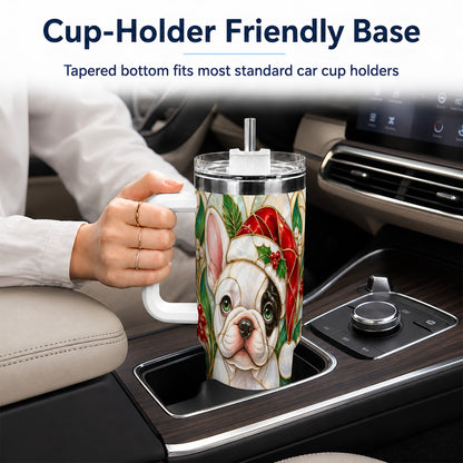 #pl[40oz|White] Christmas French Bulldog 40oz Tumbler with Handle, Holiday Travel Cup