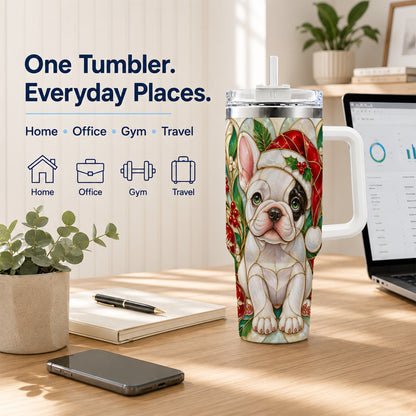 #pl[40oz|White] Christmas French Bulldog 40oz Tumbler with Handle, Holiday Travel Cup