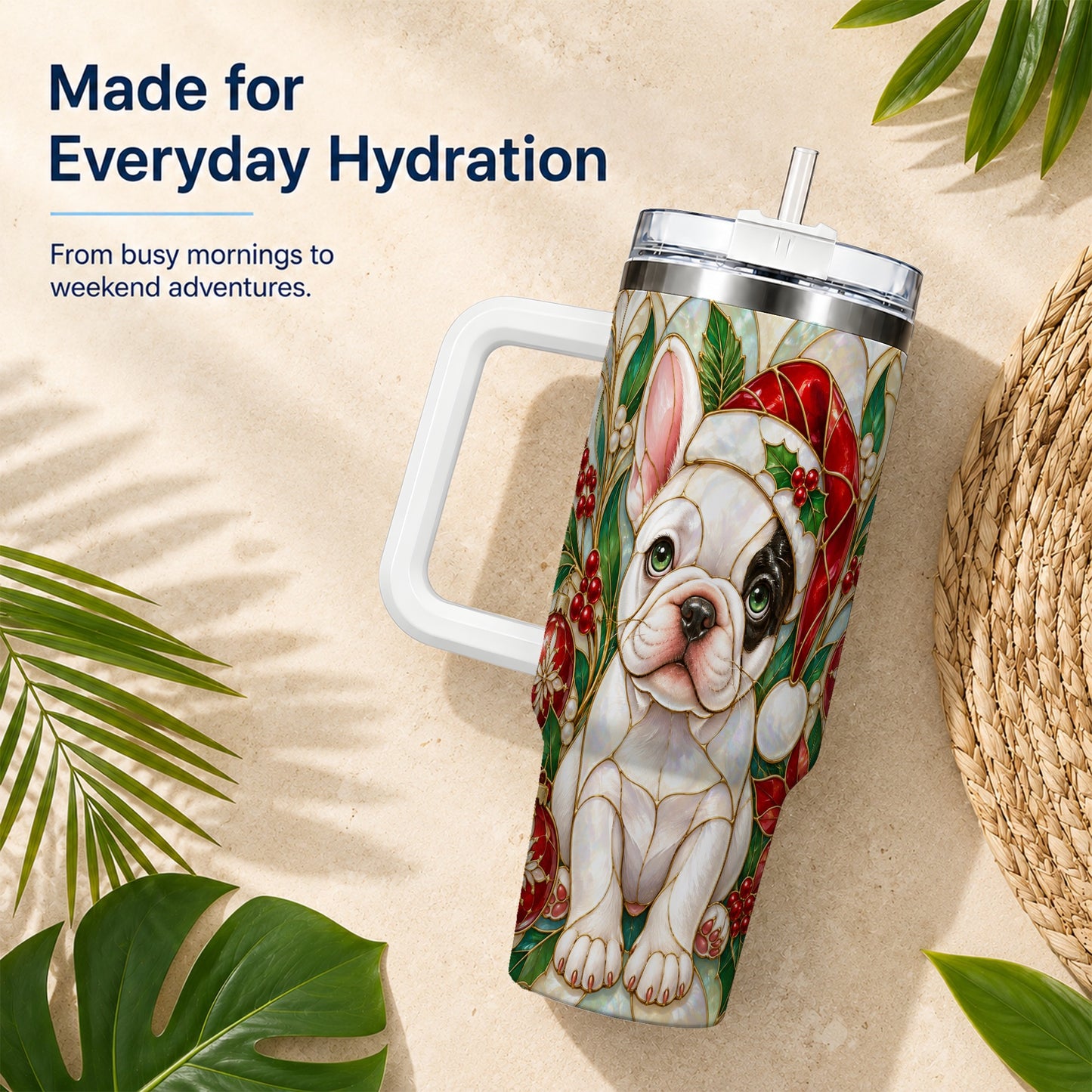 #pl[40oz|White] Christmas French Bulldog 40oz Tumbler with Handle, Holiday Travel Cup