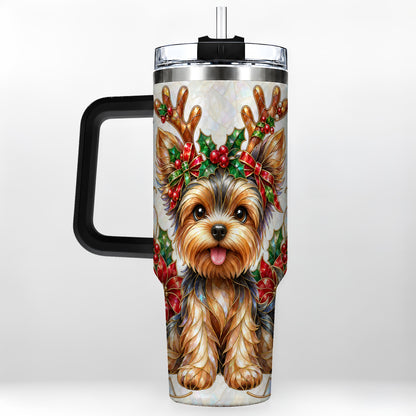 #pl[40oz|Black] Christmas Yorkie 40oz Tumbler with Handle, Reindeer Dog Travel Cup