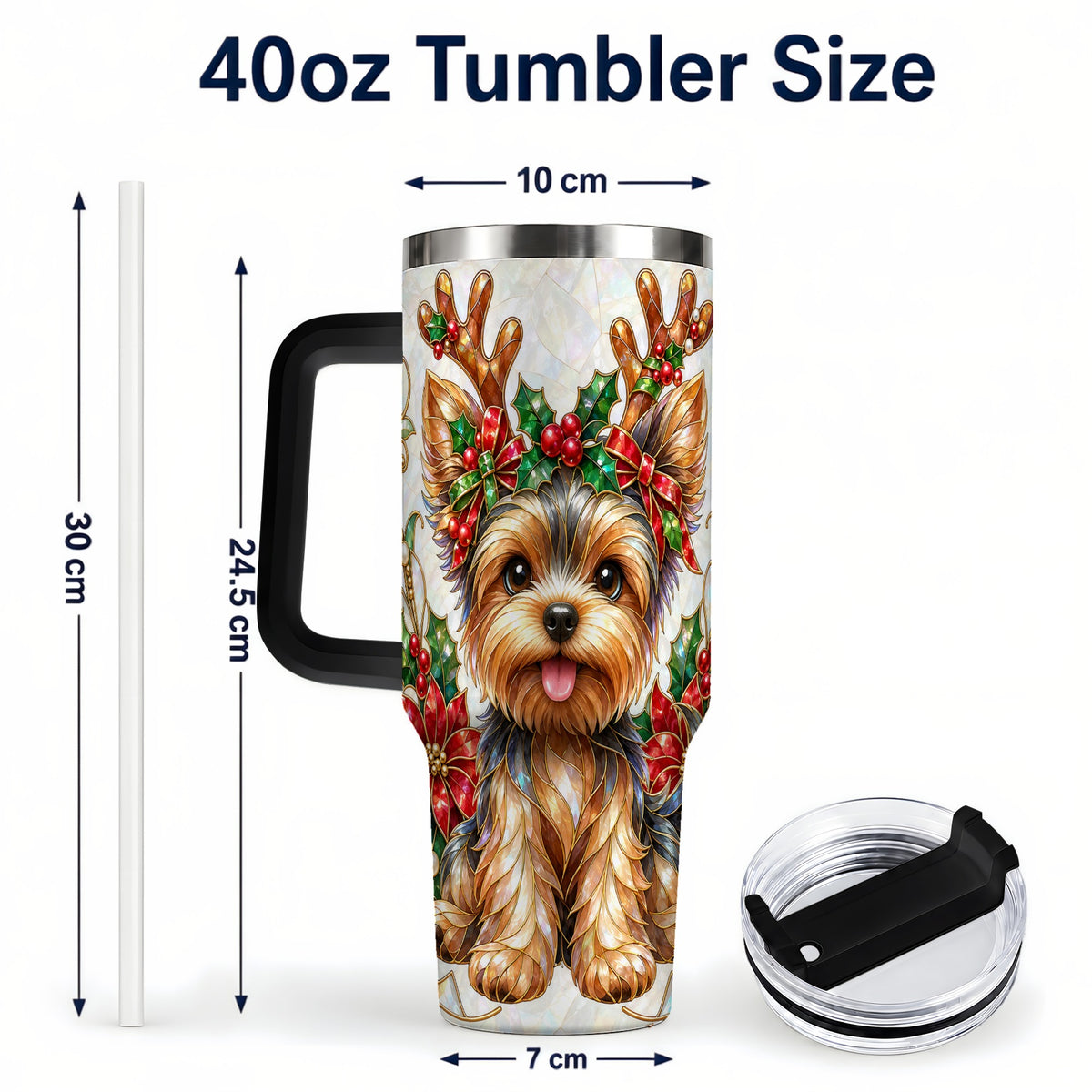 #pl[40oz|Black] Christmas Yorkie 40oz Tumbler with Handle, Reindeer Dog Travel Cup