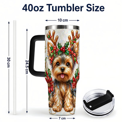 #pl[40oz|Black] Christmas Yorkie 40oz Tumbler with Handle, Reindeer Dog Travel Cup