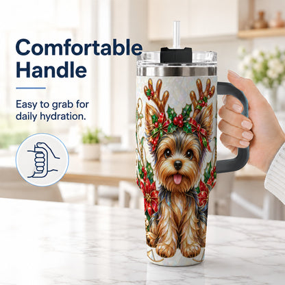 #pl[40oz|Black] Christmas Yorkie 40oz Tumbler with Handle, Reindeer Dog Travel Cup