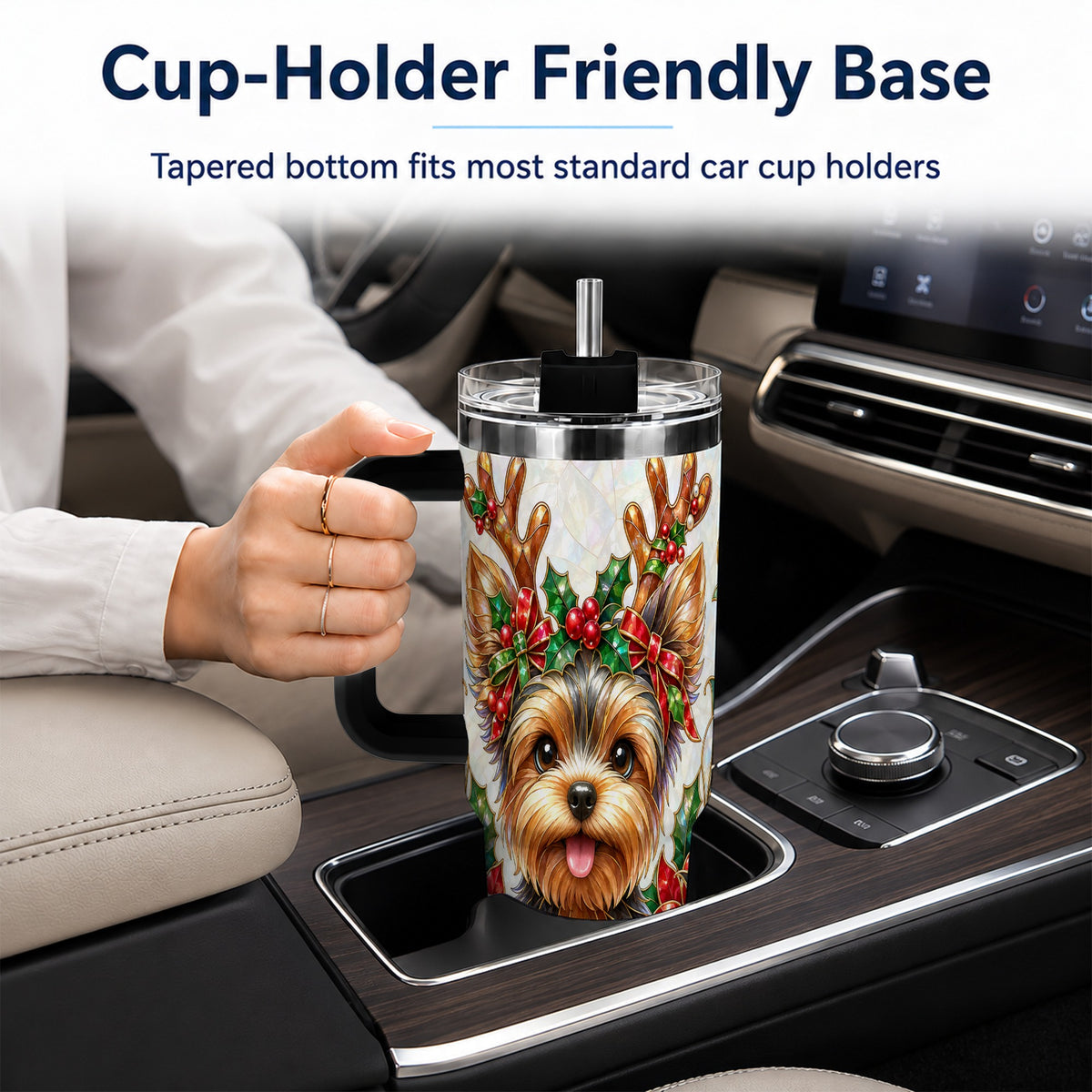 #pl[40oz|Black] Christmas Yorkie 40oz Tumbler with Handle, Reindeer Dog Travel Cup