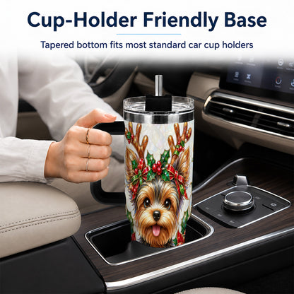 #pl[40oz|Black] Christmas Yorkie 40oz Tumbler with Handle, Reindeer Dog Travel Cup