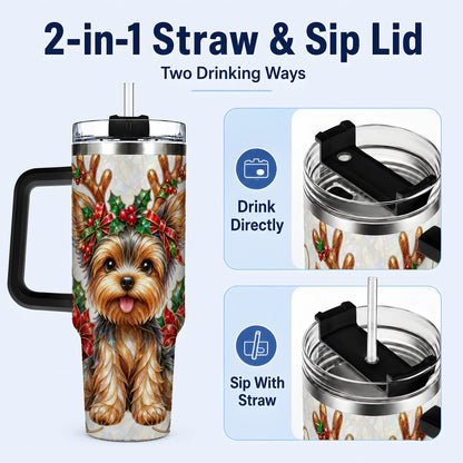 #pl[40oz|Black] Christmas Yorkie 40oz Tumbler with Handle, Reindeer Dog Travel Cup