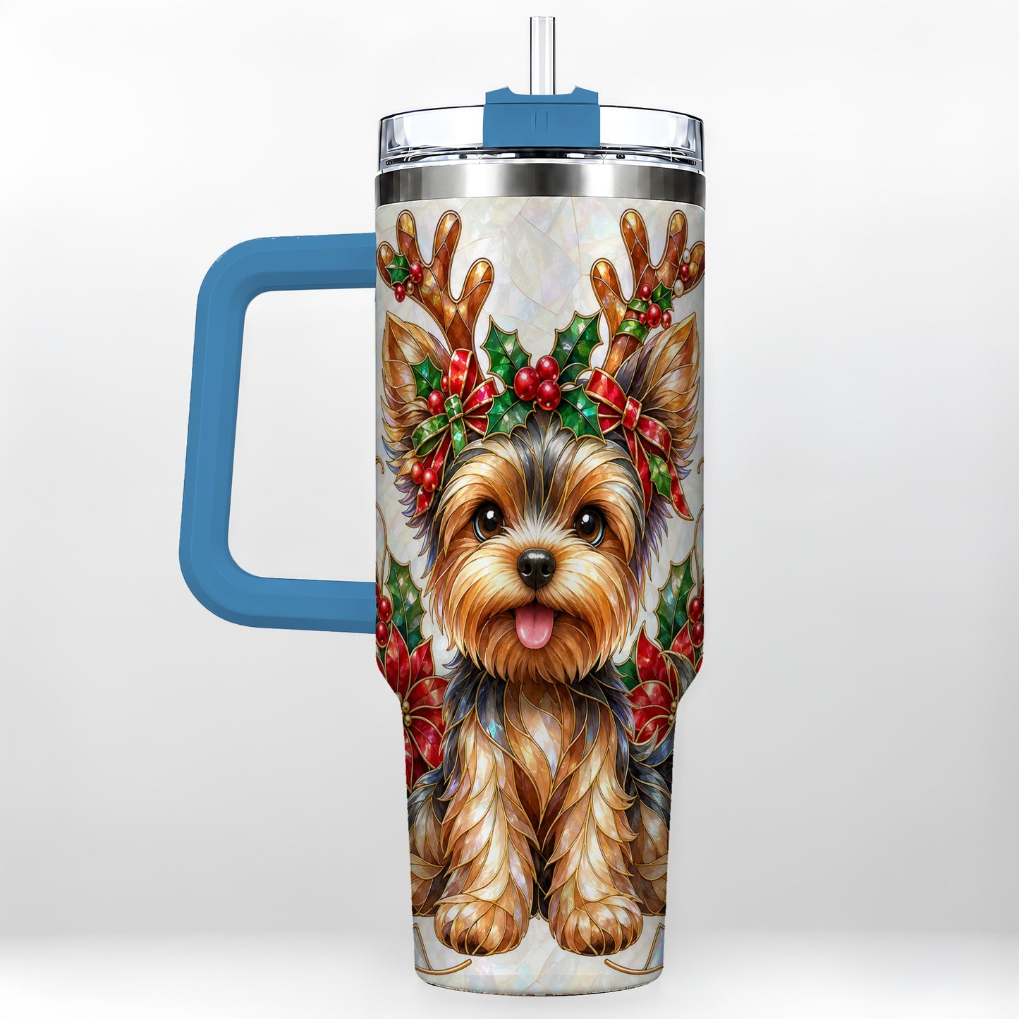 #pl[40oz|Blue] Christmas Yorkie 40oz Tumbler with Handle, Reindeer Dog Travel Cup