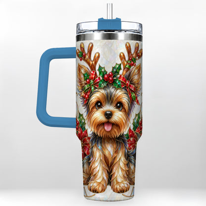 #pl[40oz|Blue] Christmas Yorkie 40oz Tumbler with Handle, Reindeer Dog Travel Cup