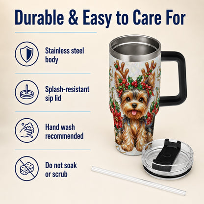 #pl[40oz|Black] Christmas Yorkie 40oz Tumbler with Handle, Reindeer Dog Travel Cup