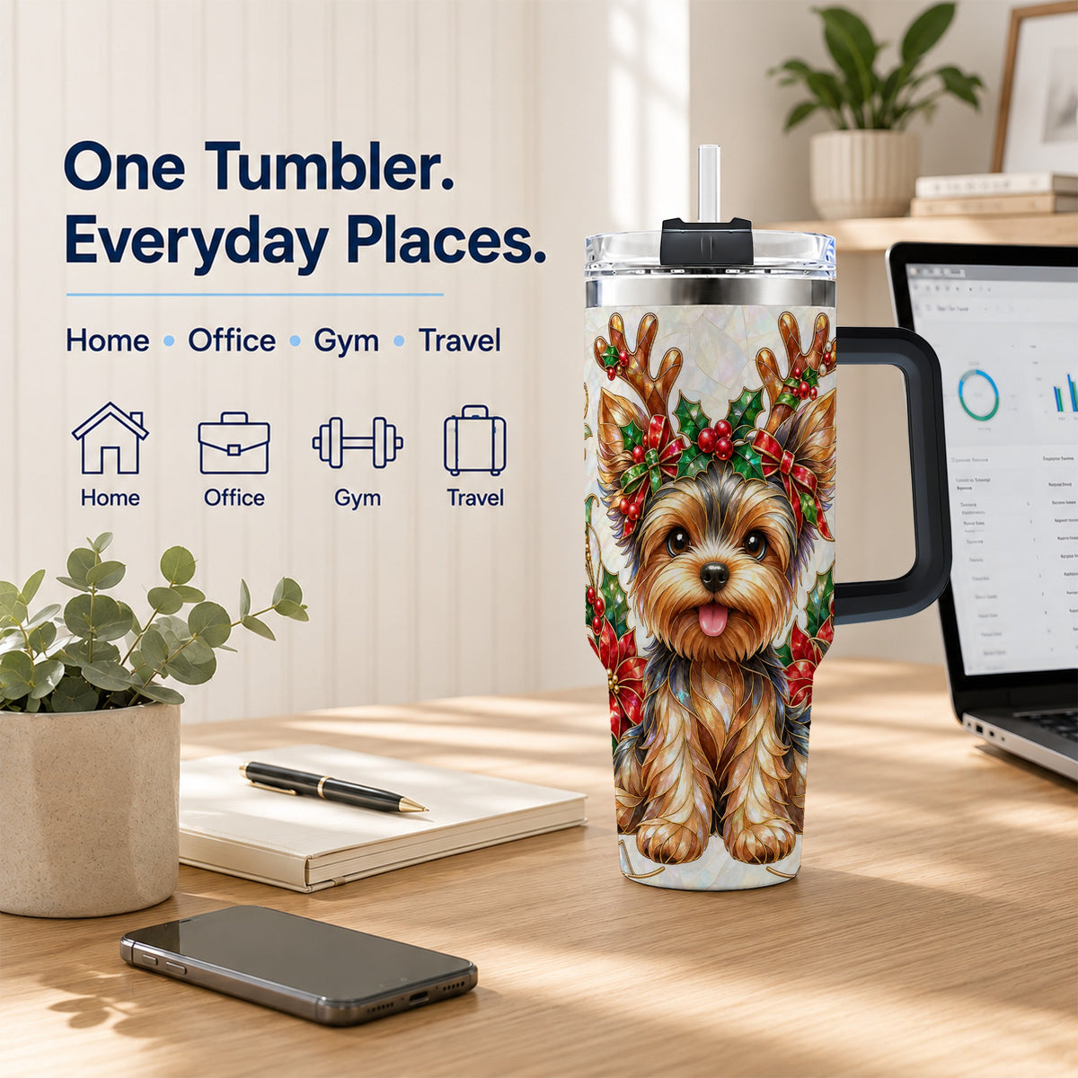 #pl[40oz|Black] Christmas Yorkie 40oz Tumbler with Handle, Reindeer Dog Travel Cup