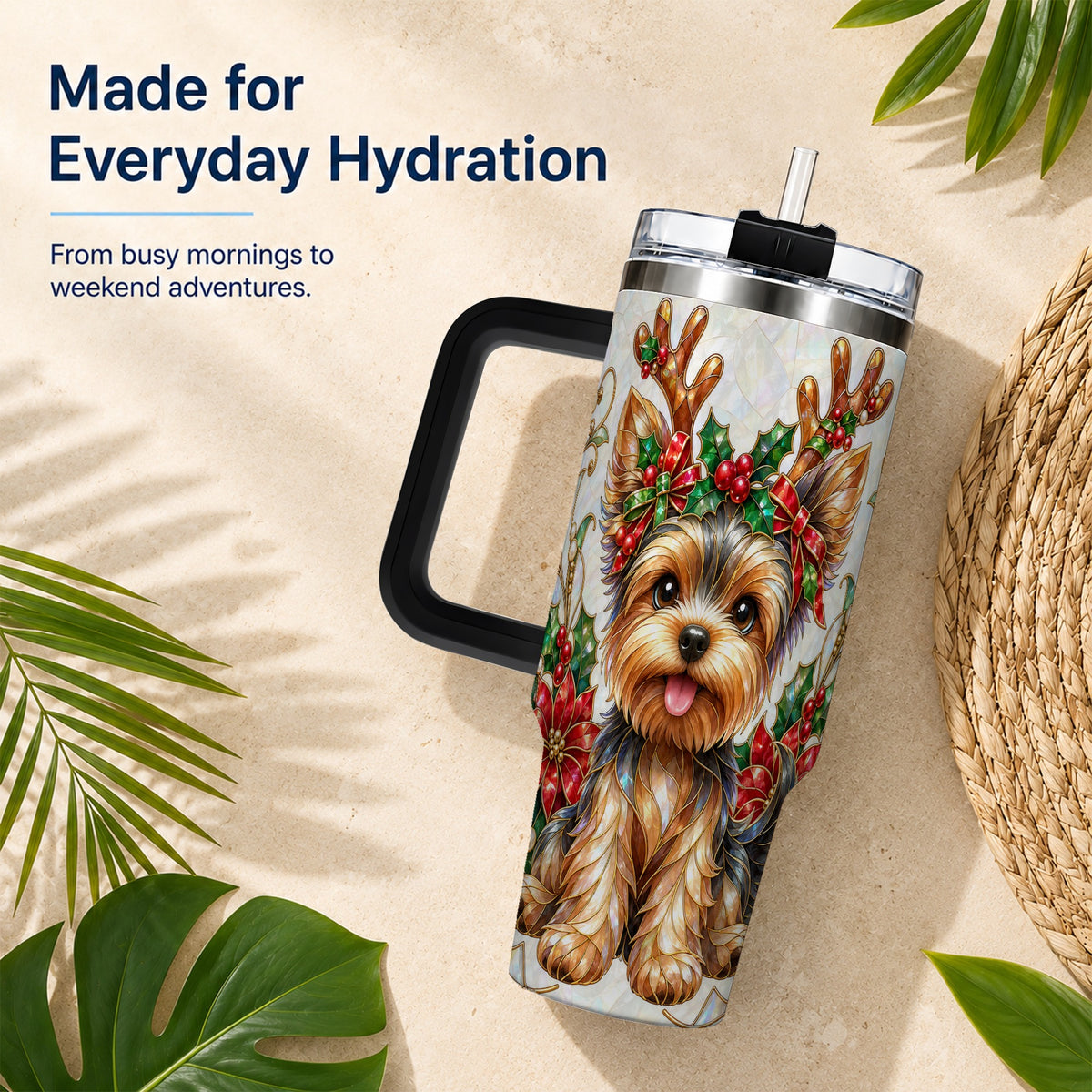 #pl[40oz|Black] Christmas Yorkie 40oz Tumbler with Handle, Reindeer Dog Travel Cup