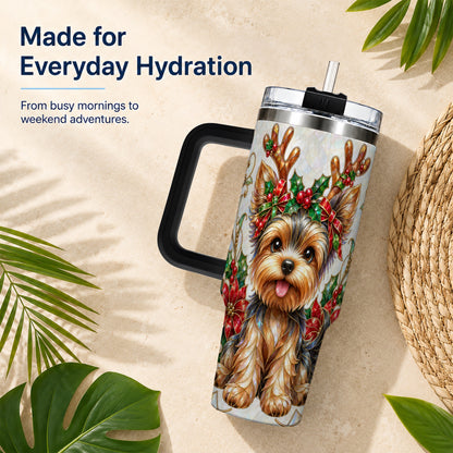 #pl[40oz|Black] Christmas Yorkie 40oz Tumbler with Handle, Reindeer Dog Travel Cup