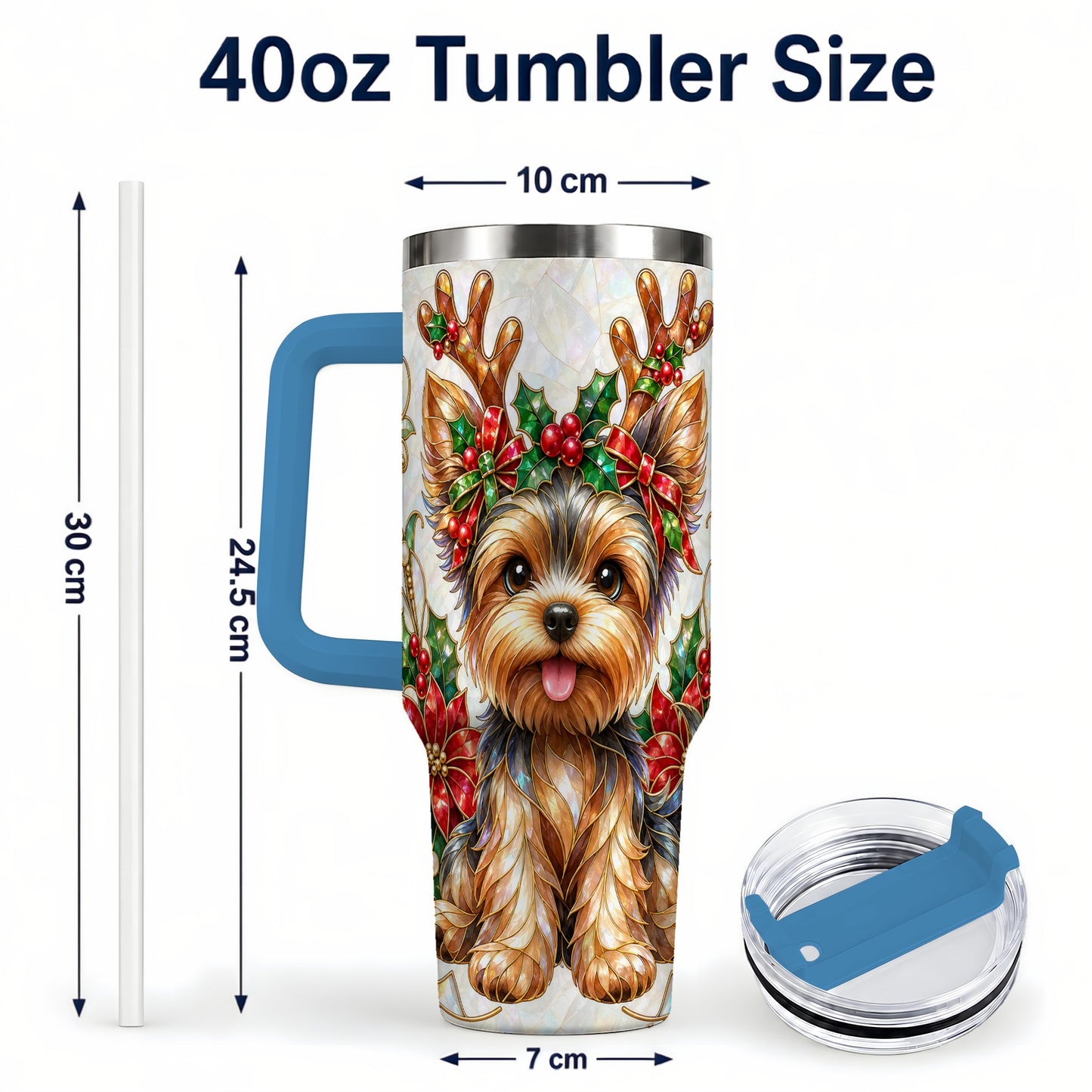 #pl[40oz|Blue] Christmas Yorkie 40oz Tumbler with Handle, Reindeer Dog Travel Cup