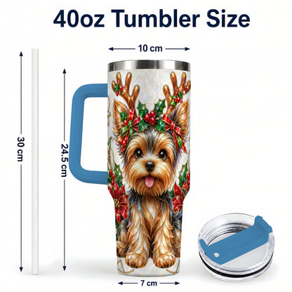 #pl[40oz|Blue] Christmas Yorkie 40oz Tumbler with Handle, Reindeer Dog Travel Cup