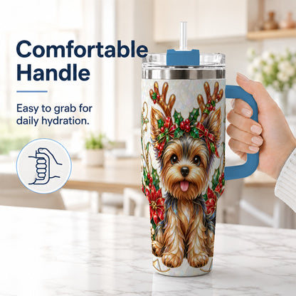 #pl[40oz|Blue] Christmas Yorkie 40oz Tumbler with Handle, Reindeer Dog Travel Cup