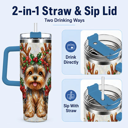 #pl[40oz|Blue] Christmas Yorkie 40oz Tumbler with Handle, Reindeer Dog Travel Cup