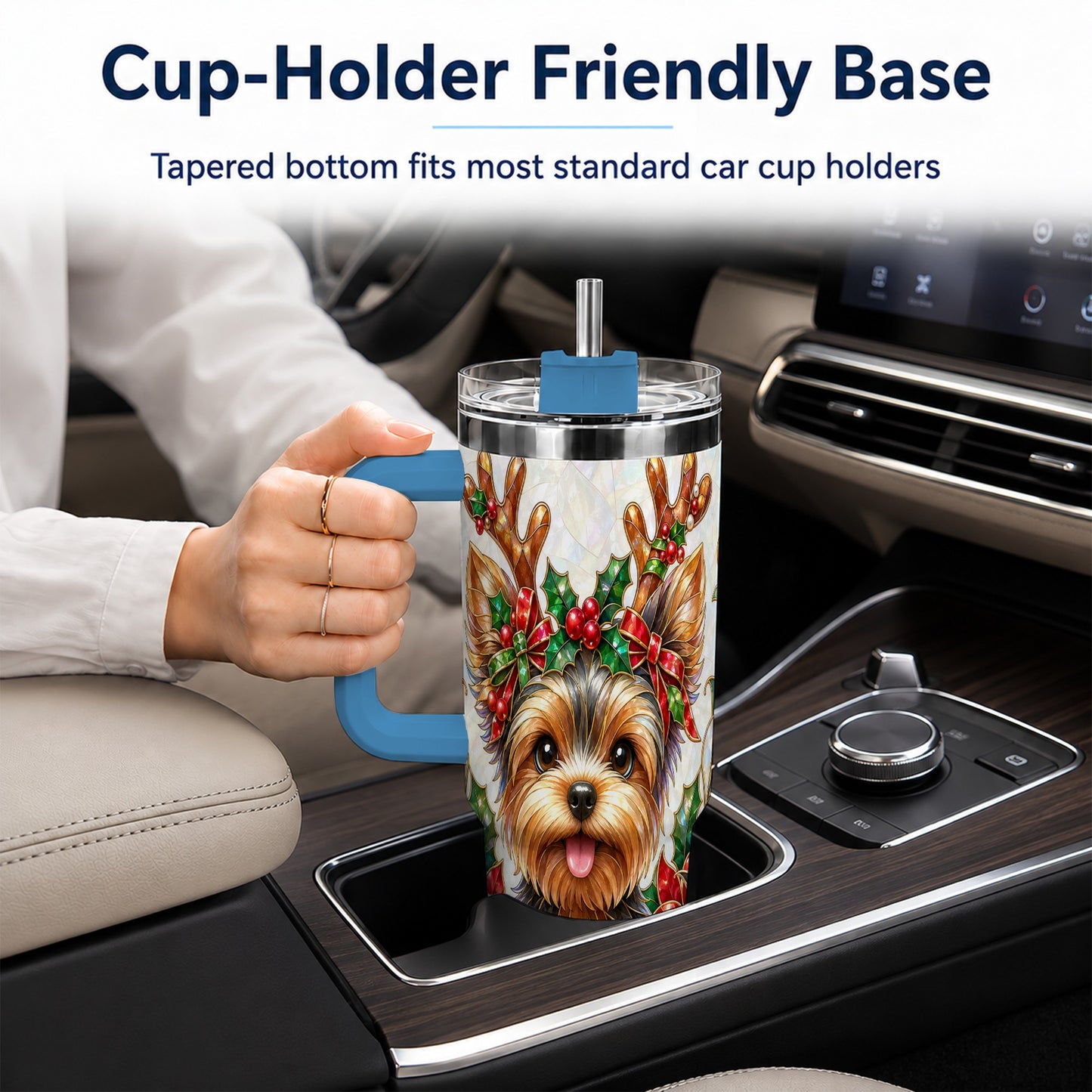 #pl[40oz|Blue] Christmas Yorkie 40oz Tumbler with Handle, Reindeer Dog Travel Cup