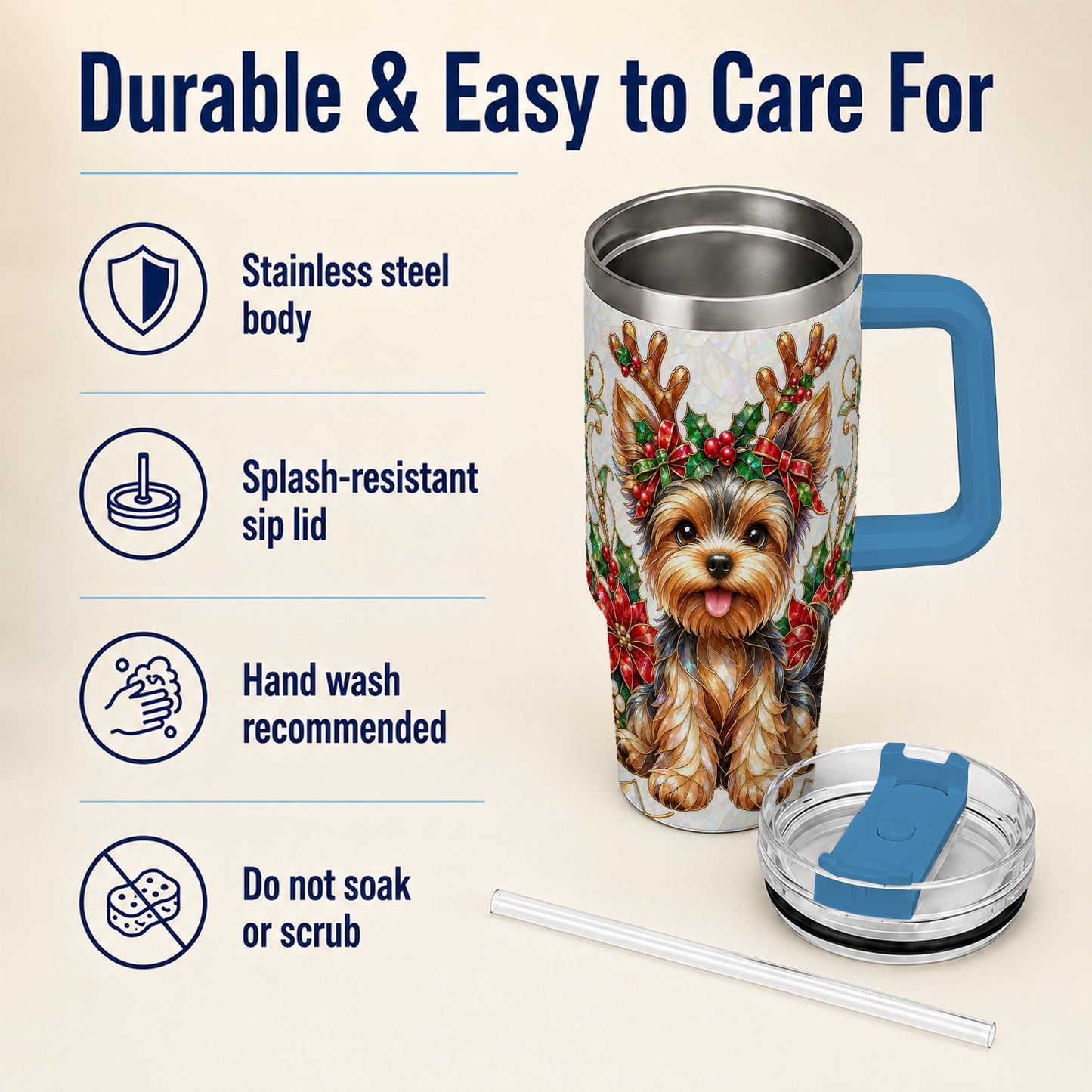 #pl[40oz|Blue] Christmas Yorkie 40oz Tumbler with Handle, Reindeer Dog Travel Cup