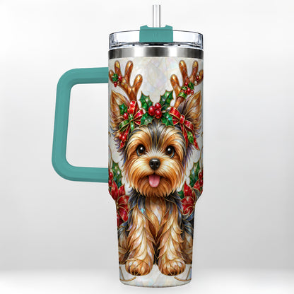#pl[40oz|Green] Christmas Yorkie 40oz Tumbler with Handle, Reindeer Dog Travel Cup