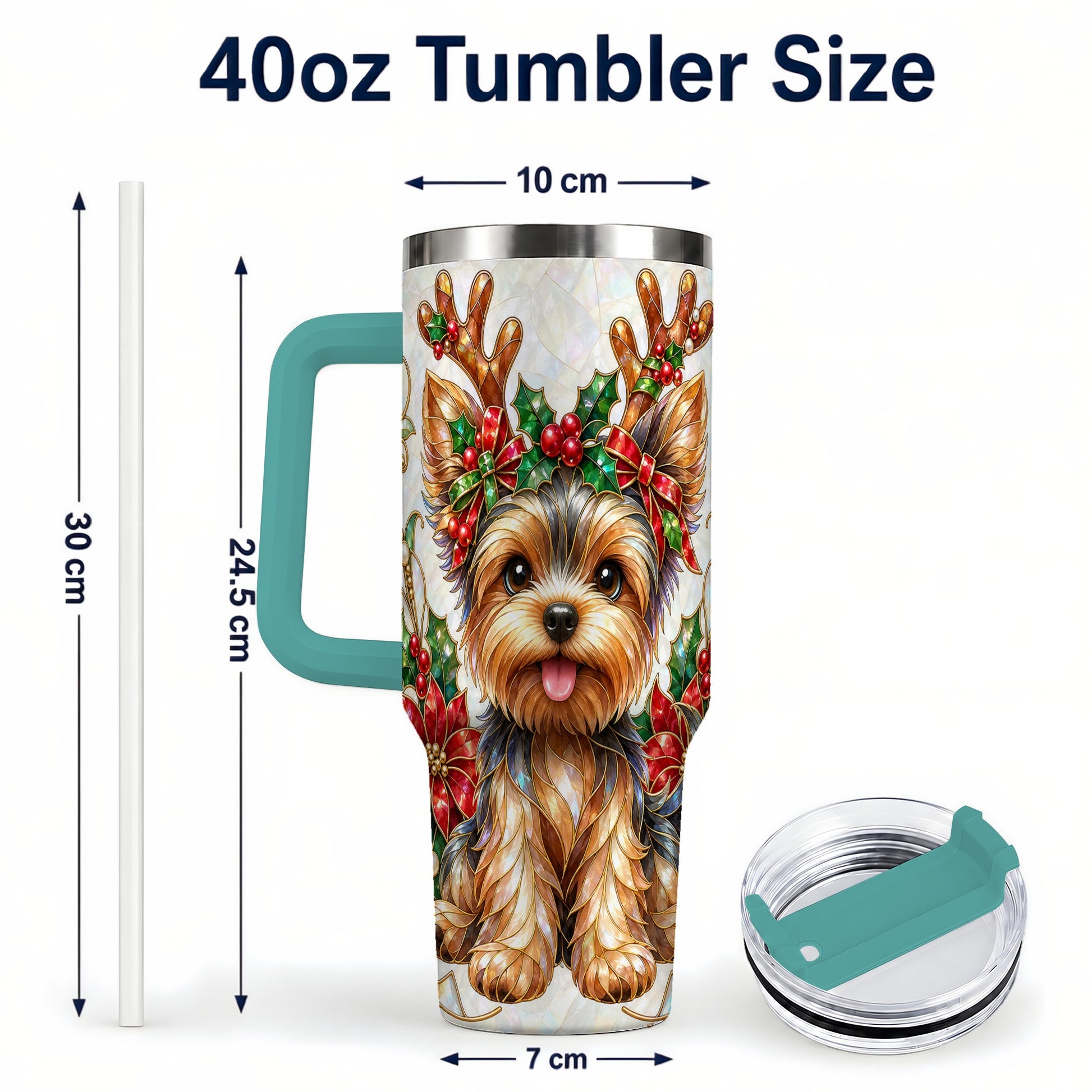#pl[40oz|Green] Christmas Yorkie 40oz Tumbler with Handle, Reindeer Dog Travel Cup