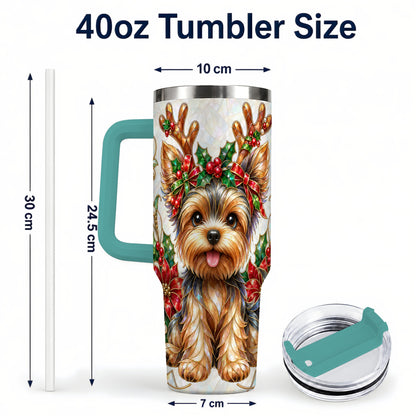 #pl[40oz|Green] Christmas Yorkie 40oz Tumbler with Handle, Reindeer Dog Travel Cup