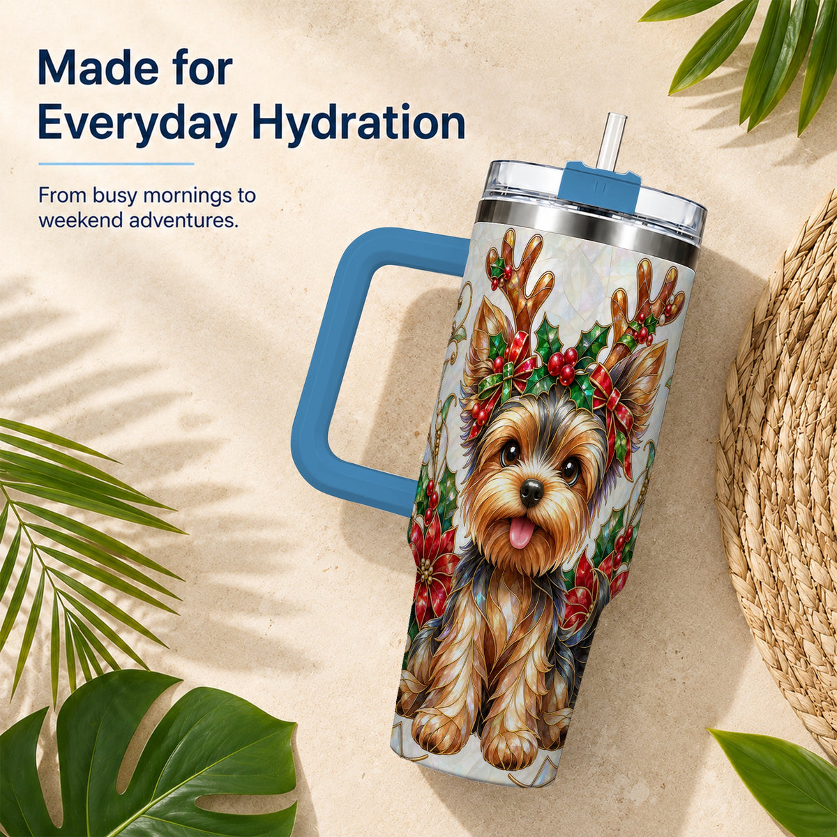 #pl[40oz|Blue] Christmas Yorkie 40oz Tumbler with Handle, Reindeer Dog Travel Cup