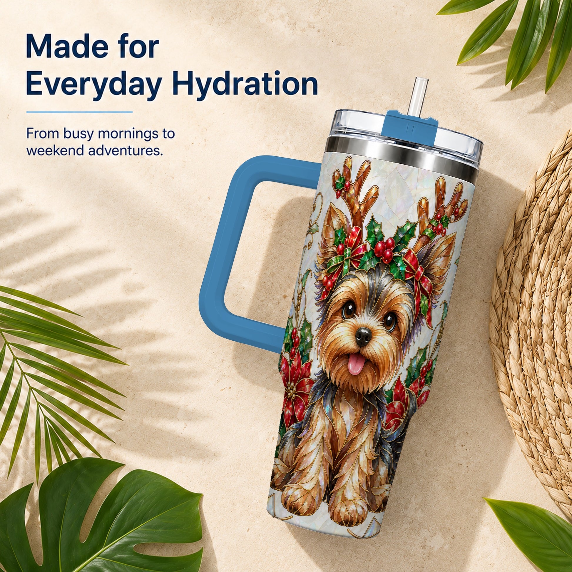 #pl[40oz|Blue] Christmas Yorkie 40oz Tumbler with Handle, Reindeer Dog Travel Cup