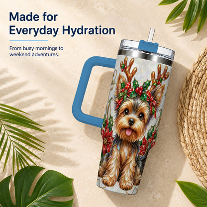 #pl[40oz|Blue] Christmas Yorkie 40oz Tumbler with Handle, Reindeer Dog Travel Cup