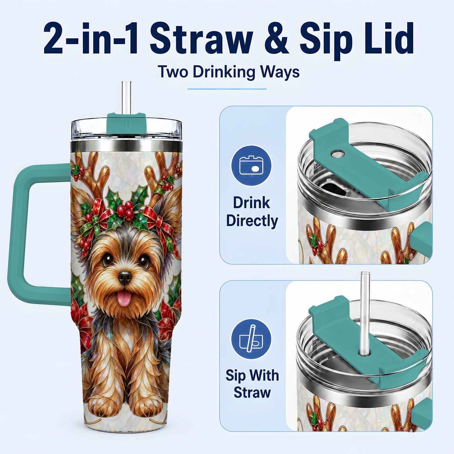 #pl[40oz|Green] Christmas Yorkie 40oz Tumbler with Handle, Reindeer Dog Travel Cup