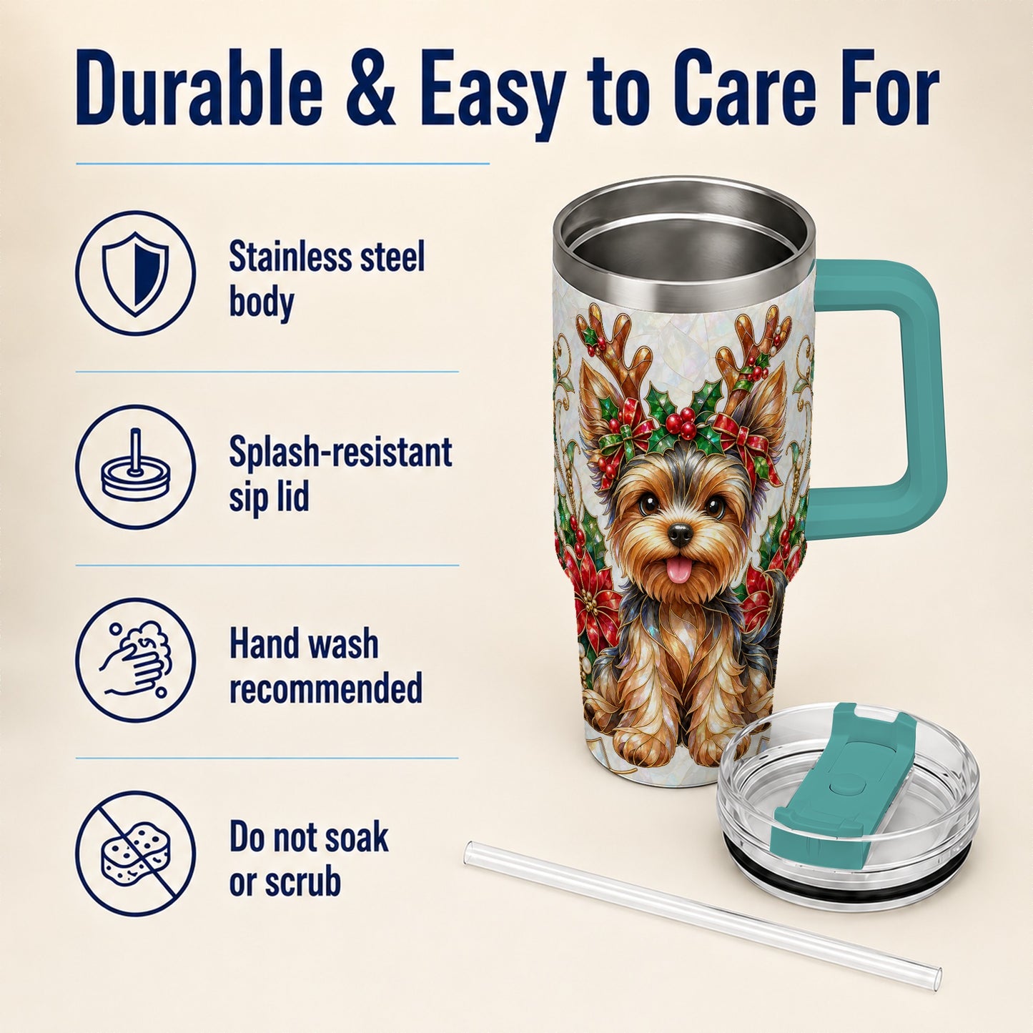 #pl[40oz|Green] Christmas Yorkie 40oz Tumbler with Handle, Reindeer Dog Travel Cup