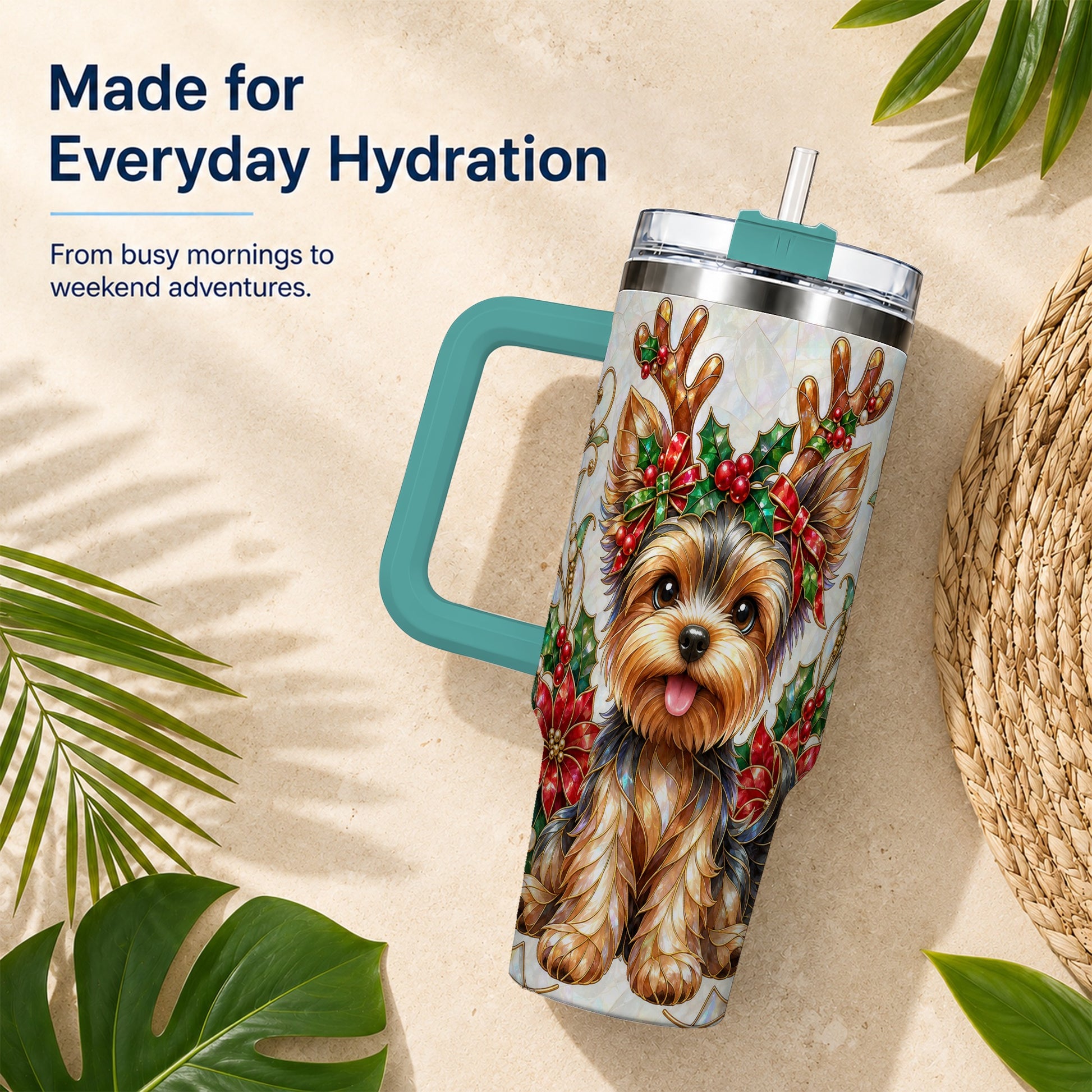 #pl[40oz|Green] Christmas Yorkie 40oz Tumbler with Handle, Reindeer Dog Travel Cup