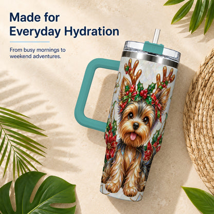 #pl[40oz|Green] Christmas Yorkie 40oz Tumbler with Handle, Reindeer Dog Travel Cup