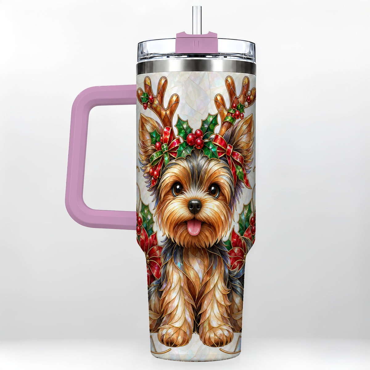 #pl[40oz|Pink] Christmas Yorkie 40oz Tumbler with Handle, Reindeer Dog Travel Cup