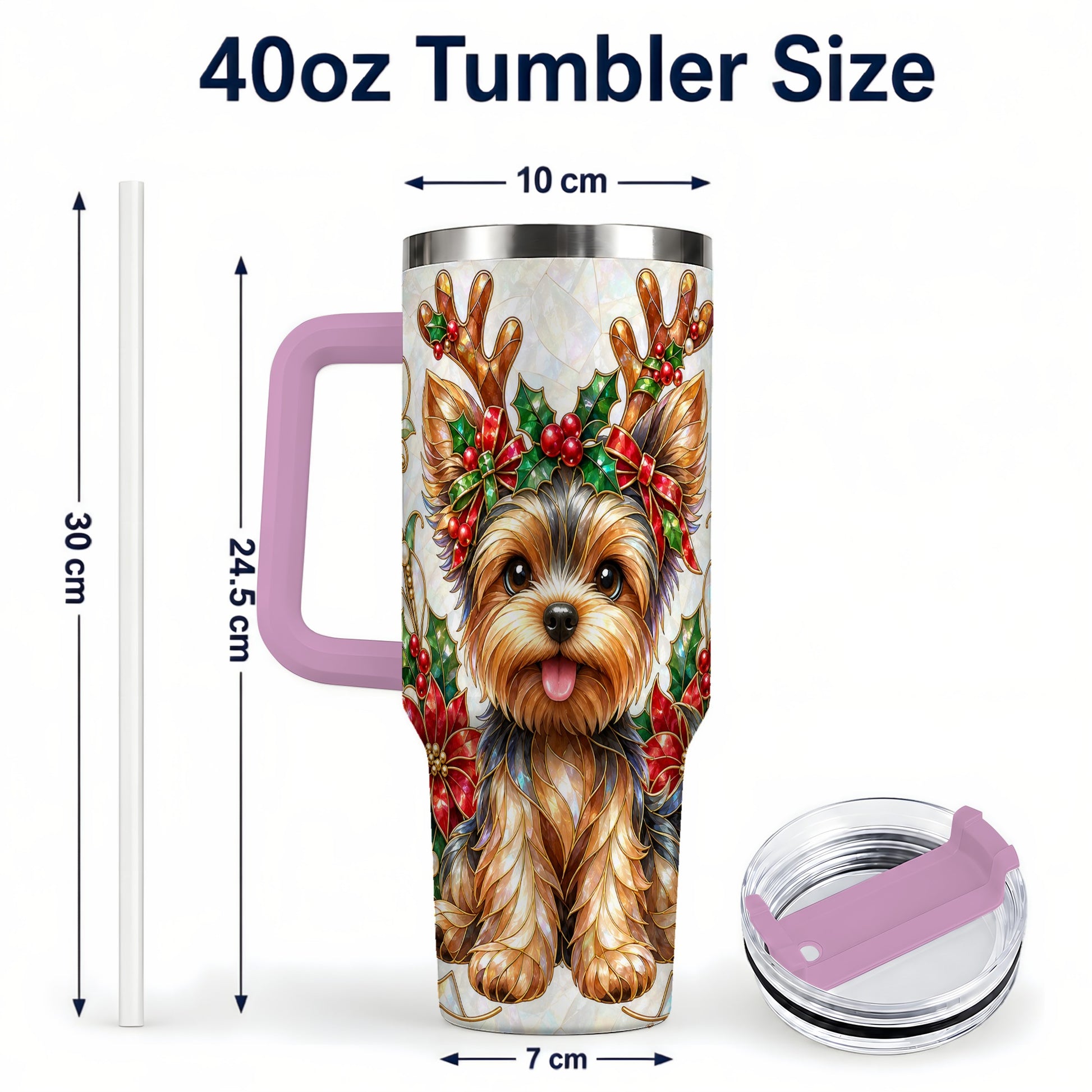 #pl[40oz|Pink] Christmas Yorkie 40oz Tumbler with Handle, Reindeer Dog Travel Cup