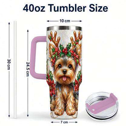 #pl[40oz|Pink] Christmas Yorkie 40oz Tumbler with Handle, Reindeer Dog Travel Cup