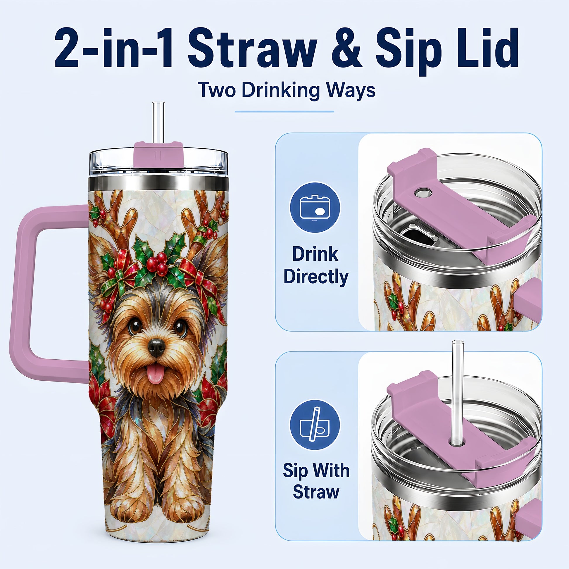 #pl[40oz|Pink] Christmas Yorkie 40oz Tumbler with Handle, Reindeer Dog Travel Cup