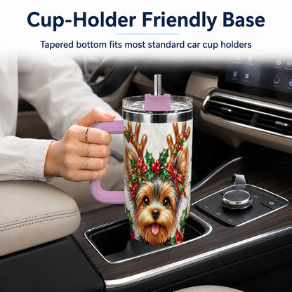 #pl[40oz|Pink] Christmas Yorkie 40oz Tumbler with Handle, Reindeer Dog Travel Cup