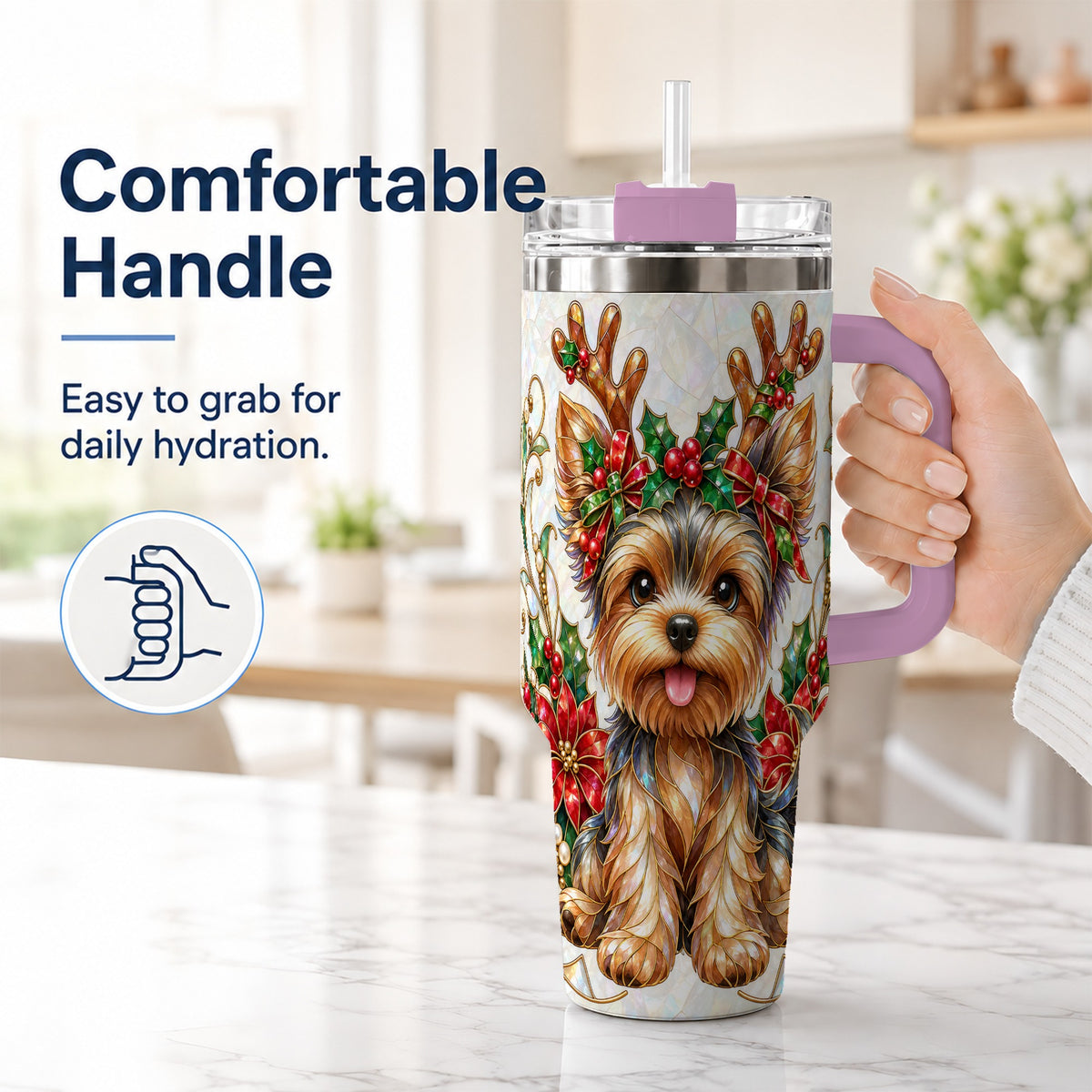 #pl[40oz|Pink] Christmas Yorkie 40oz Tumbler with Handle, Reindeer Dog Travel Cup