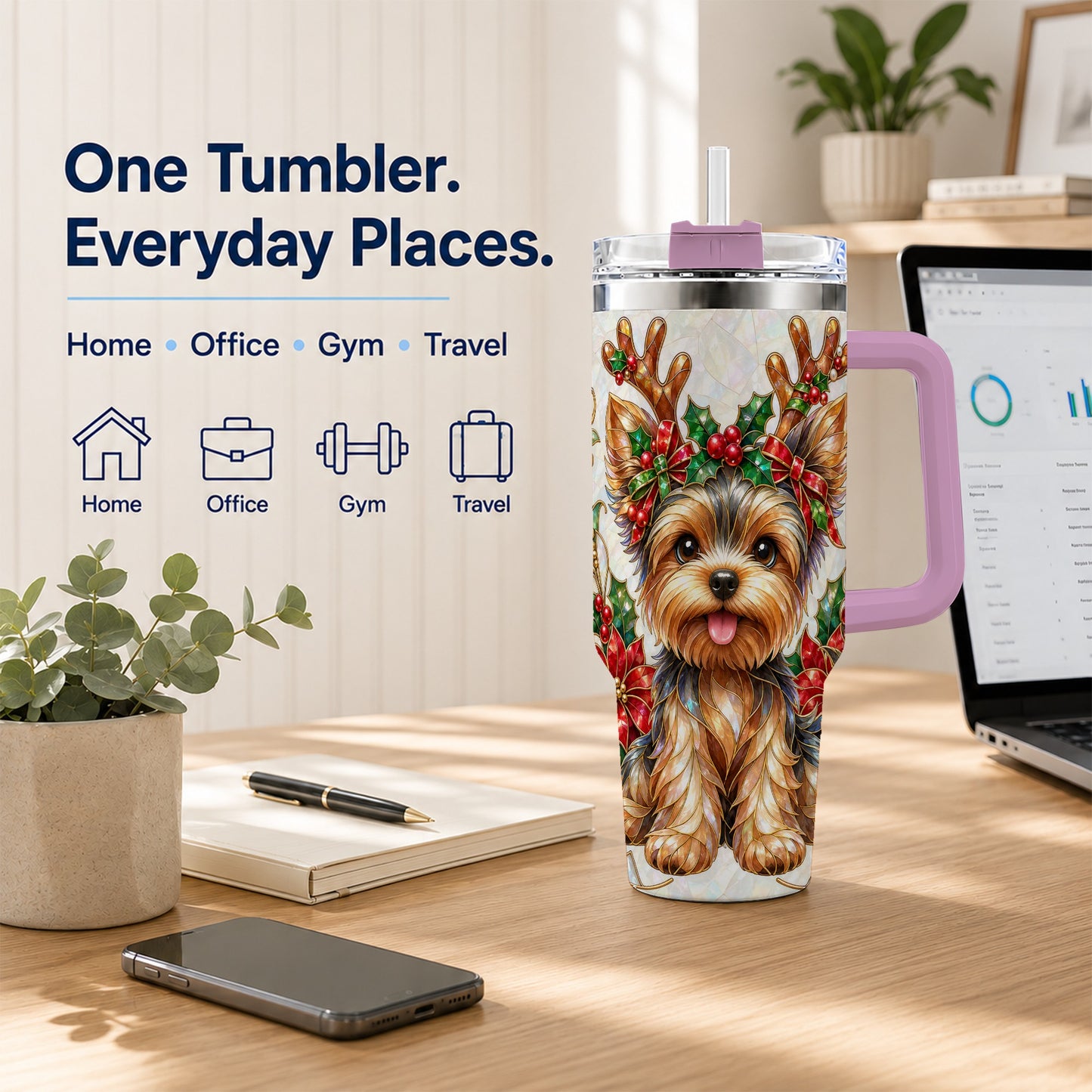 #pl[40oz|Pink] Christmas Yorkie 40oz Tumbler with Handle, Reindeer Dog Travel Cup