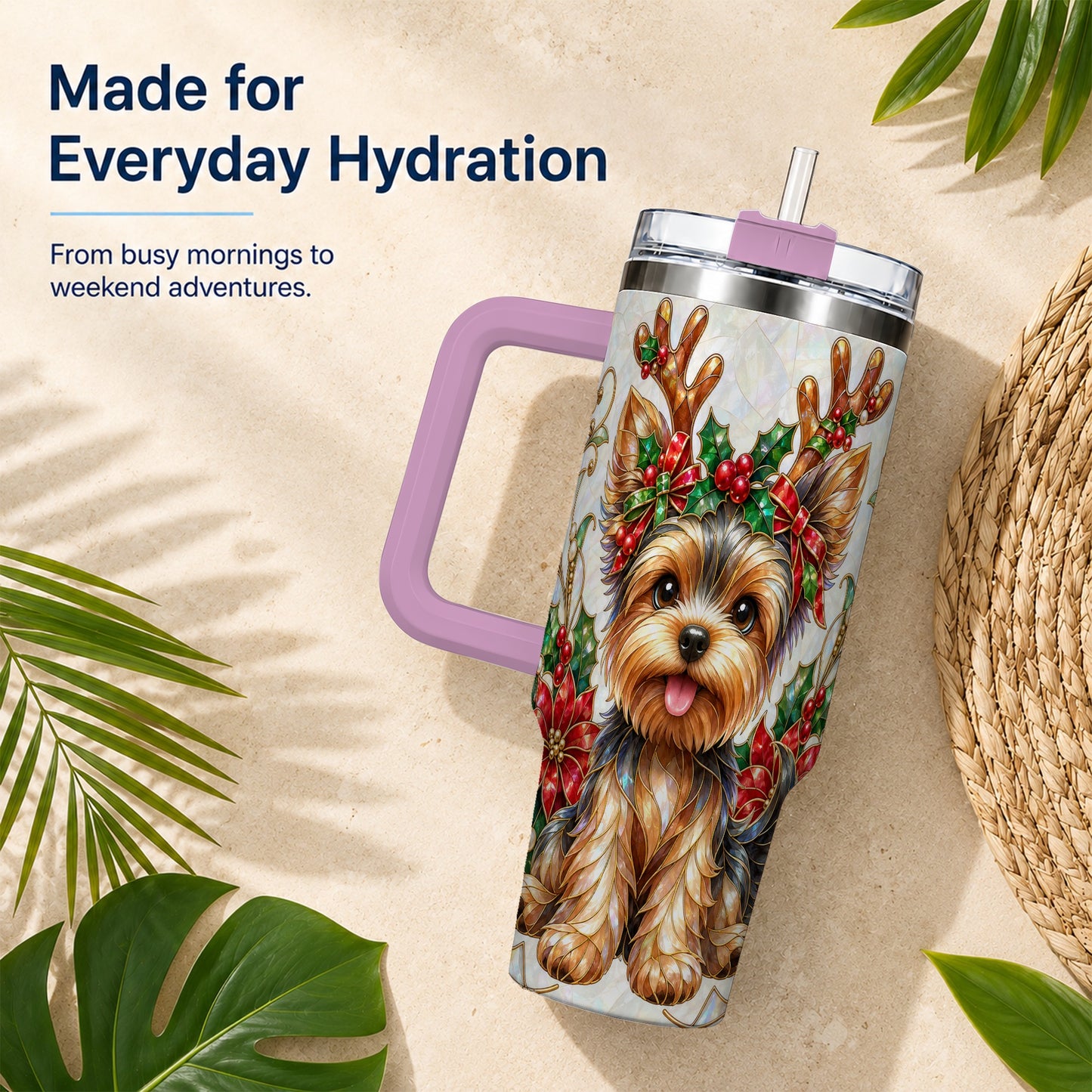 #pl[40oz|Pink] Christmas Yorkie 40oz Tumbler with Handle, Reindeer Dog Travel Cup
