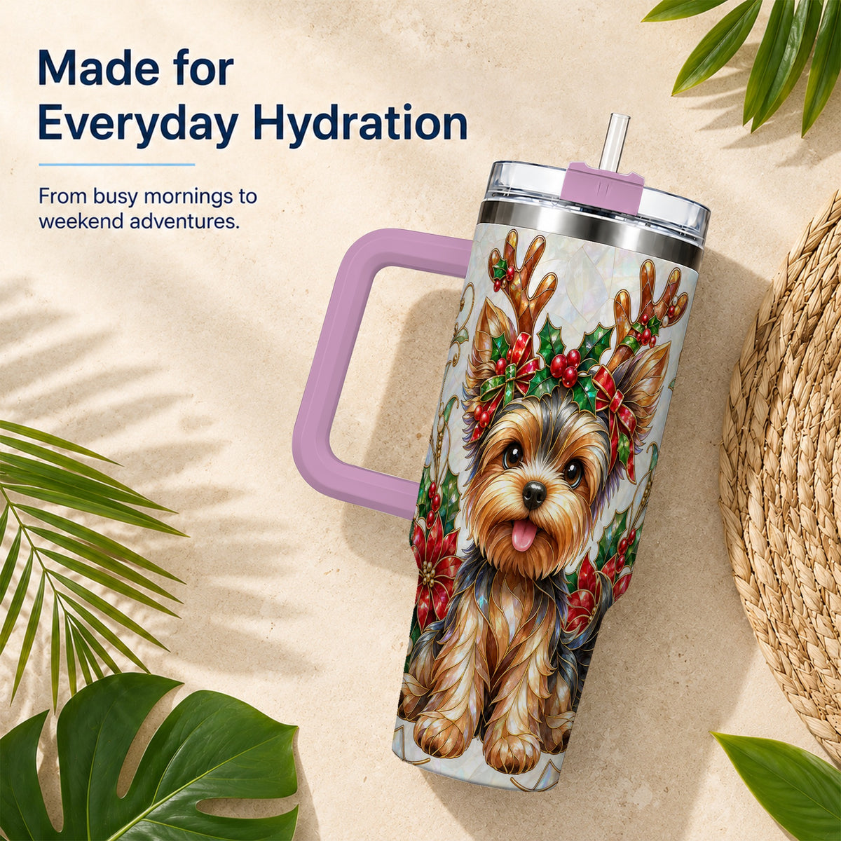 #pl[40oz|Pink] Christmas Yorkie 40oz Tumbler with Handle, Reindeer Dog Travel Cup