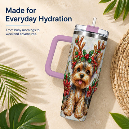 #pl[40oz|Pink] Christmas Yorkie 40oz Tumbler with Handle, Reindeer Dog Travel Cup