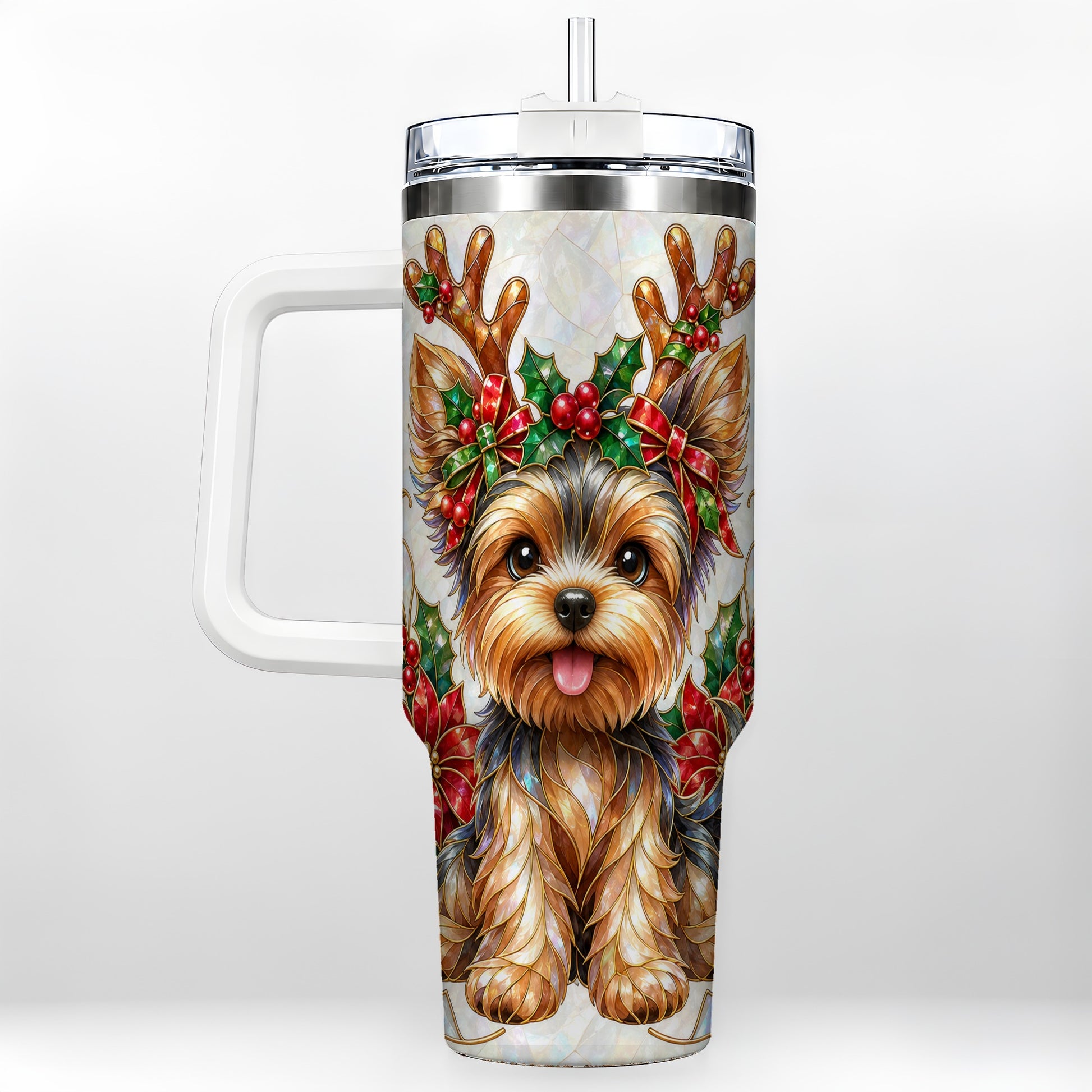 Christmas Yorkie 40oz Tumbler with Handle, Reindeer Dog Travel Cup