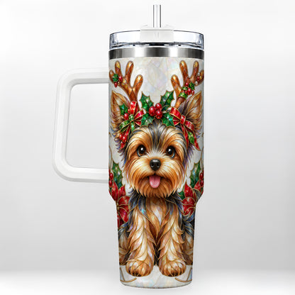 Christmas Yorkie 40oz Tumbler with Handle, Reindeer Dog Travel Cup