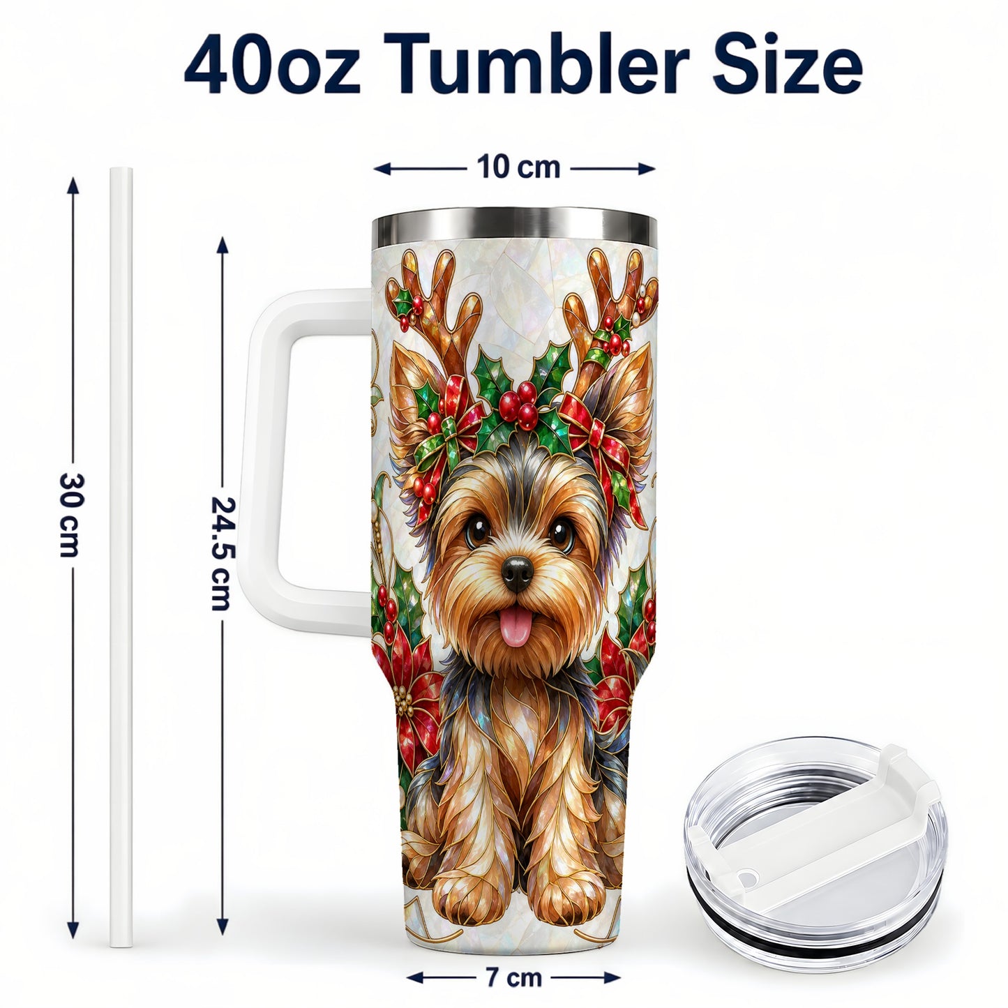 #pl[40oz|White] Christmas Yorkie 40oz Tumbler with Handle, Reindeer Dog Travel Cup