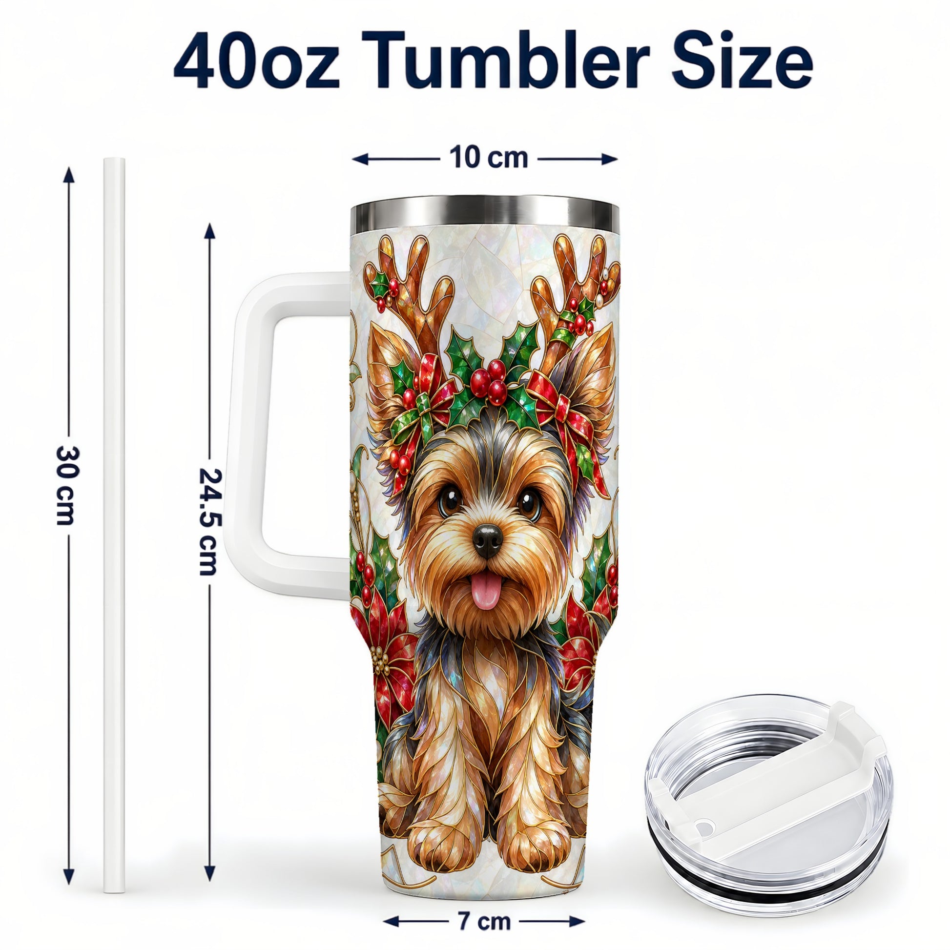 #pl[40oz|White] Christmas Yorkie 40oz Tumbler with Handle, Reindeer Dog Travel Cup