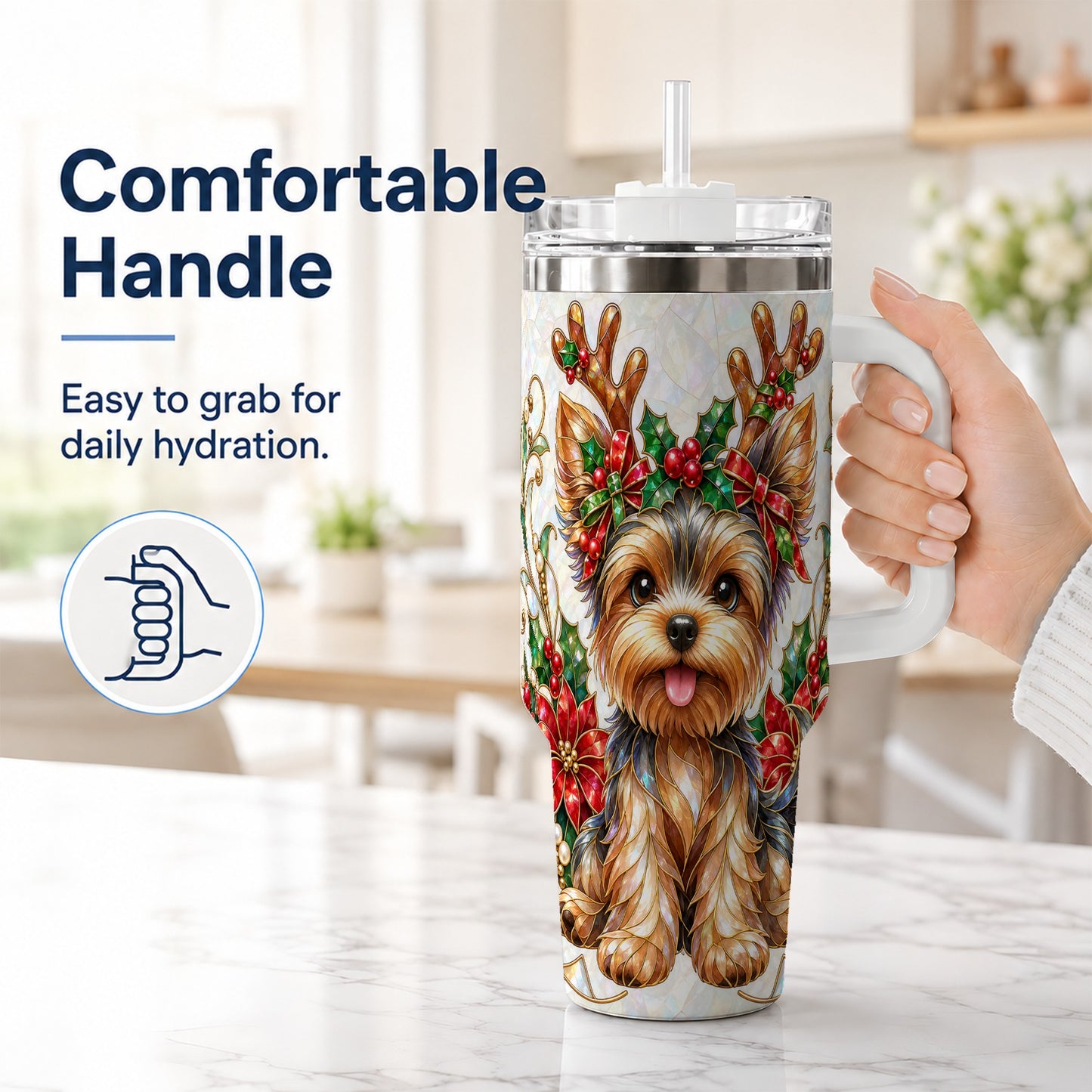 #pl[40oz|White] Christmas Yorkie 40oz Tumbler with Handle, Reindeer Dog Travel Cup