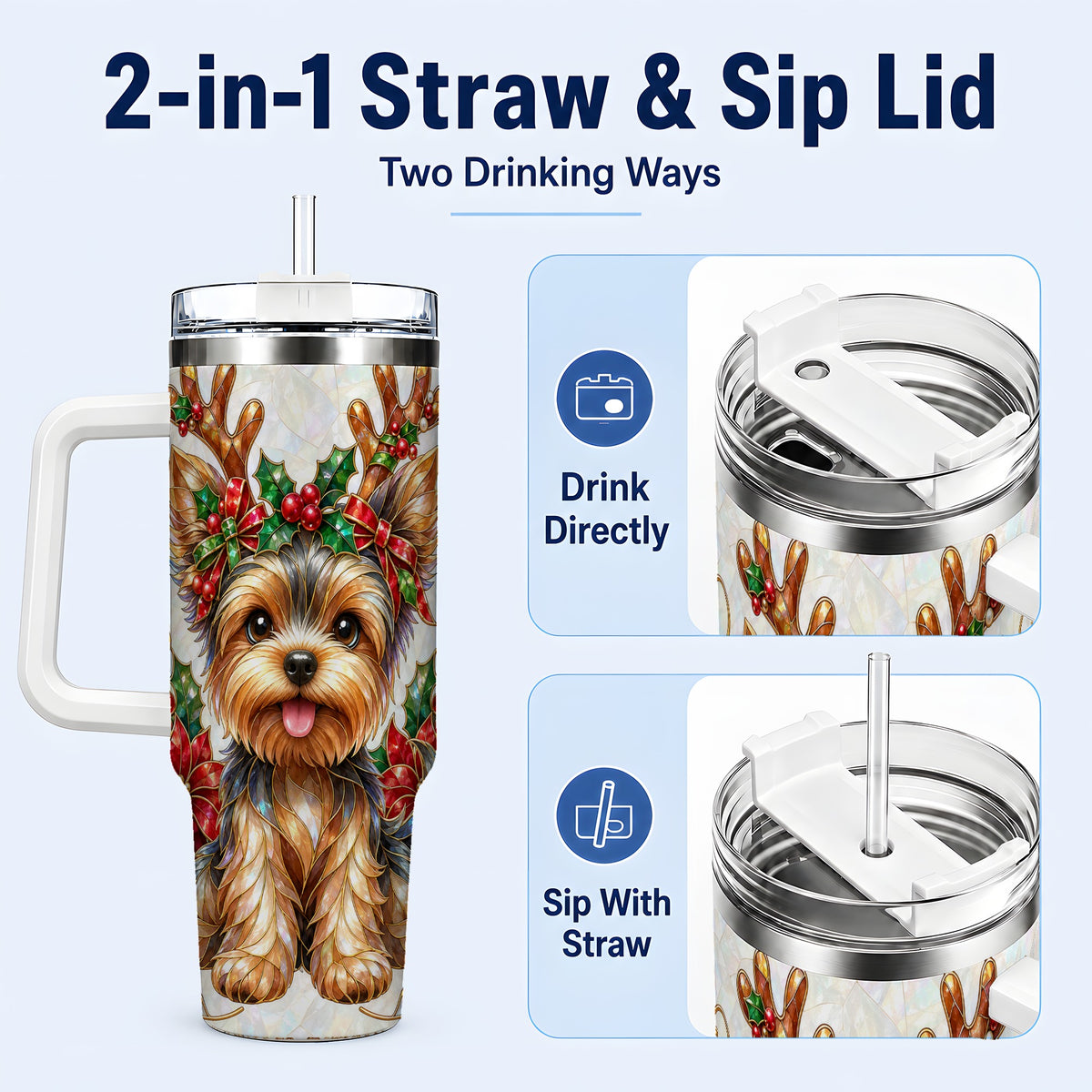 #pl[40oz|White] Christmas Yorkie 40oz Tumbler with Handle, Reindeer Dog Travel Cup