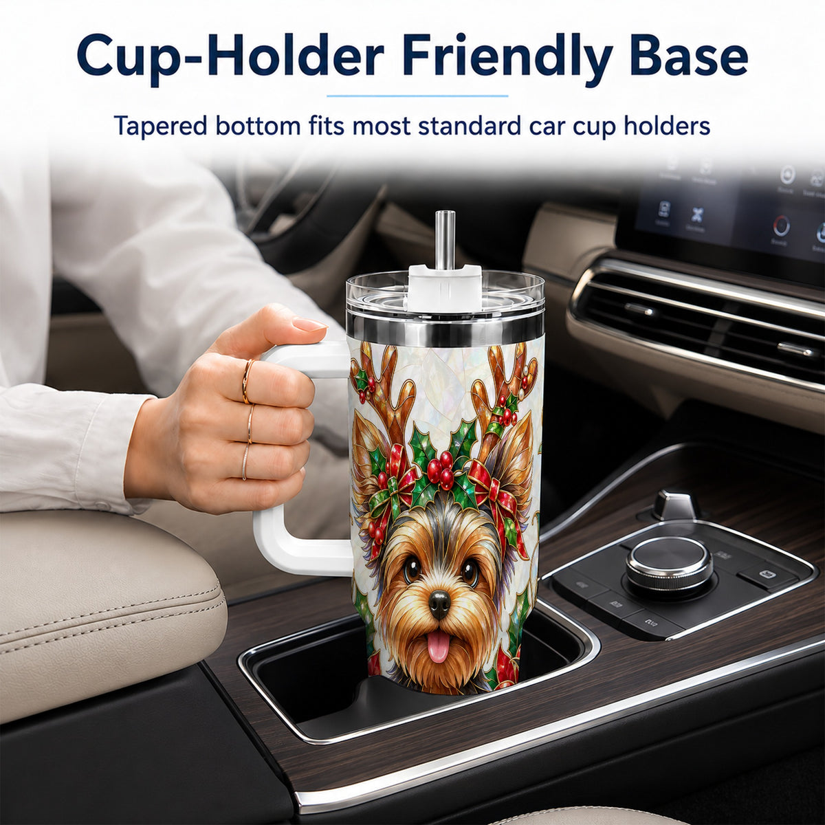 #pl[40oz|White] Christmas Yorkie 40oz Tumbler with Handle, Reindeer Dog Travel Cup